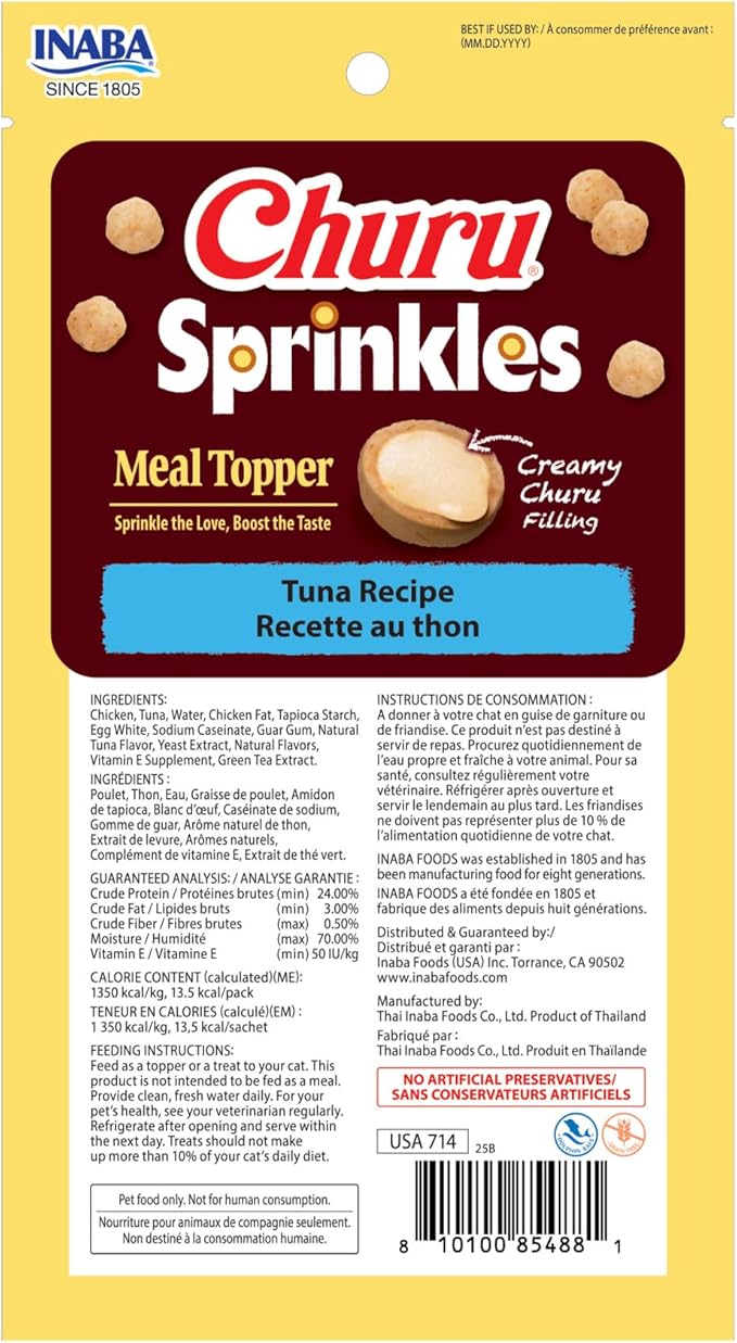 INABA Churu Sprinkles for Cat, Soft & Chewy Churu Filled, Baked Chicken Cat Treat Meal Topper with Vitamin E and Green Tea Extract, 1.05 oz. per Pack, 18 Packs Total,Tuna Recipe