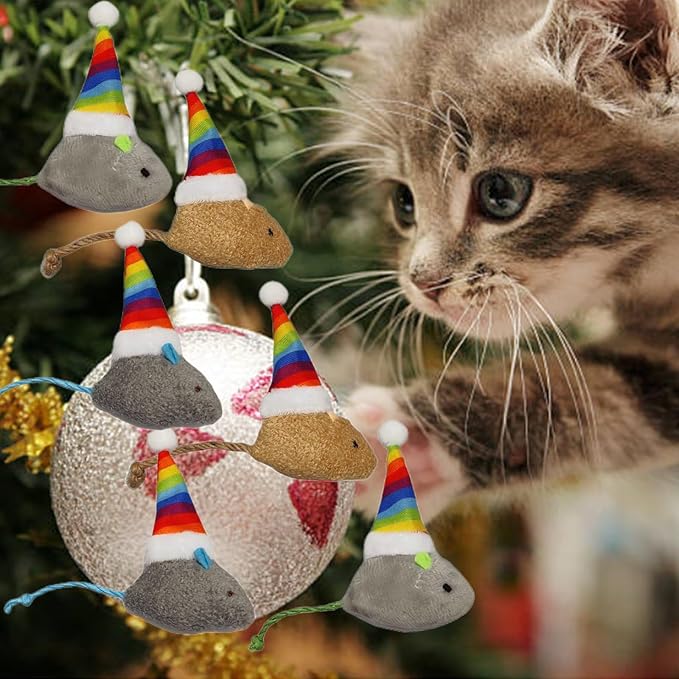 Christmas Catnip Cat Mice Toys with Rainbow Santa Hats Interactive Cat Toys for Indoor Cats Kittens, Christmas Thanksgiving Cat Toy Gift, 6-Pack