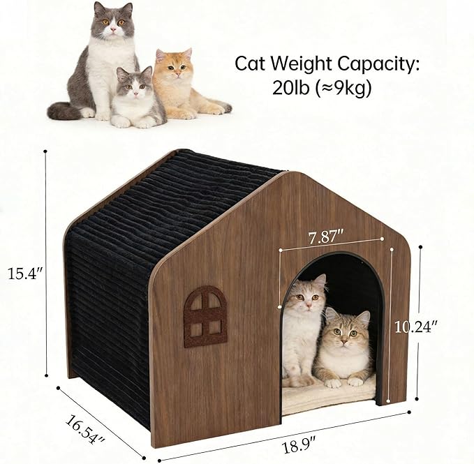 Wooden Cat House for Indoor Cats - Plush Corduroy Semi Enclosed Cat Condo, Dual Sided All Season Washable Cat Bed, Sturdy Modern Cat Furniture for Small & Medium Cats Up to 20lb/9kg