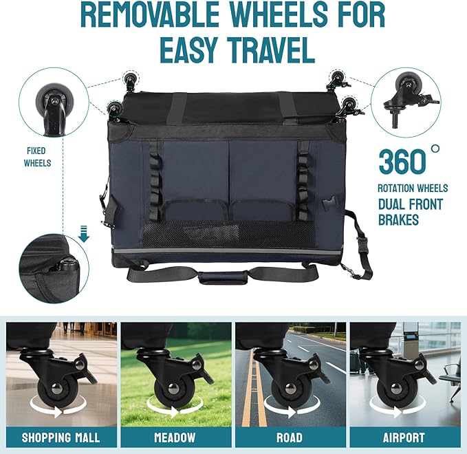 PEGIC 24‑inch Rolling Cat Carrier with Pull Strap: Spacious Travel Solution for Large Cats & Two Kittens, Reinforced Non‑Sagging Base for Car Rides & Vet Visits