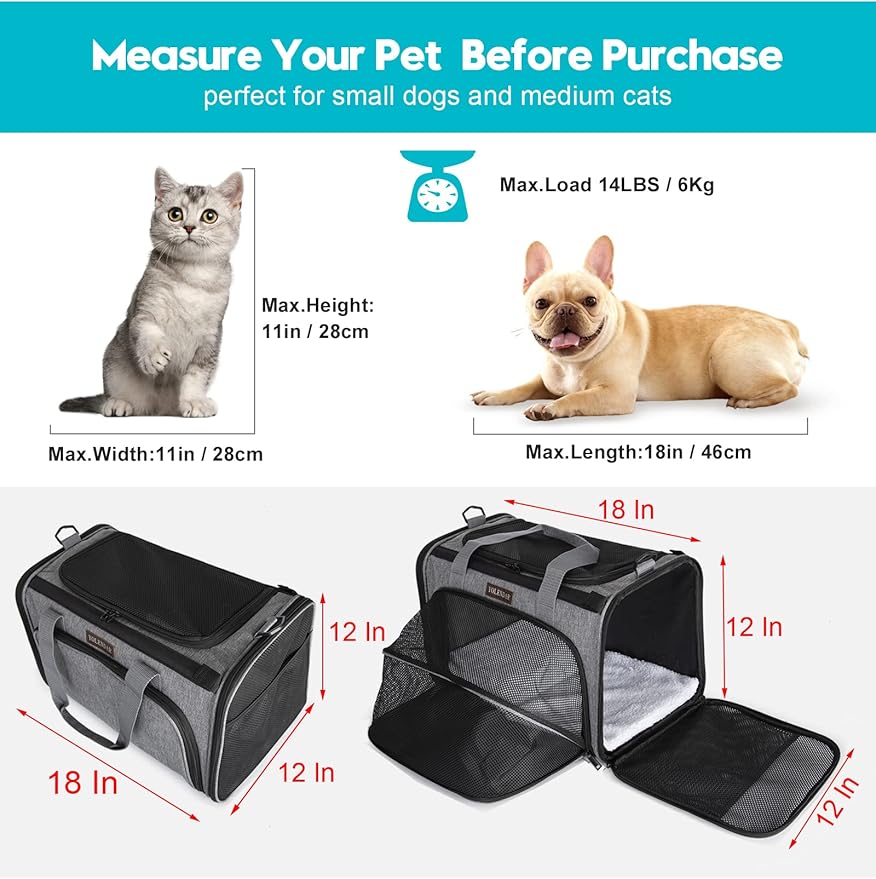 Pet Carriers Soft-Sided Carrier,Ventilation,4 Zipper Opening Grows Extra Room,Padded Mat Bottom,for Cat,Puppy, Grey