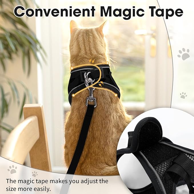 Cat Harness and Leash Set for Walking Escape Proof, Soft Adjustable Kitten Harness Breathable Mesh with Reflective Strips Harness for Kitty Puppy Bunny(Black,XS)