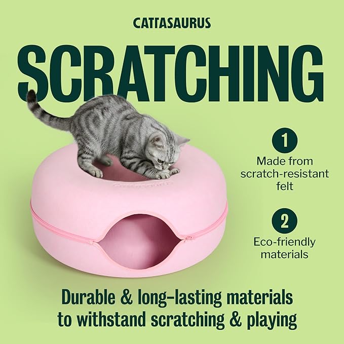 Cattasaurus Peekaboo Cat Cave Donut for Multiple & Large Cats up to 30-45 lbs, 3-in-1 Self Warming Cat Bed, Tunnel & Scratcher for Indoor Cats, Washable & Detachable Small Dog Bed (Pink, Large)