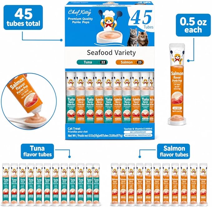 Cat Treats Lickable | Grain-Free Tuna & Salmon Cat Treats | Creamy Puree Squeeze Ups with Vitamin E & Taurine, Digestible Formula | 0.5 oz. Each Tube, Seafood Mix Variety | 45 Tubes