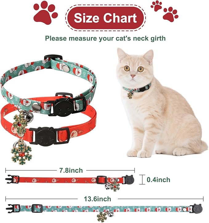 Christmas Cat Collar Breakaway 2 Pack, Cat Collar with Bell & Charms, Adjustable Kitten Cute Christmas Themed Safety Collar for Boys and Girls