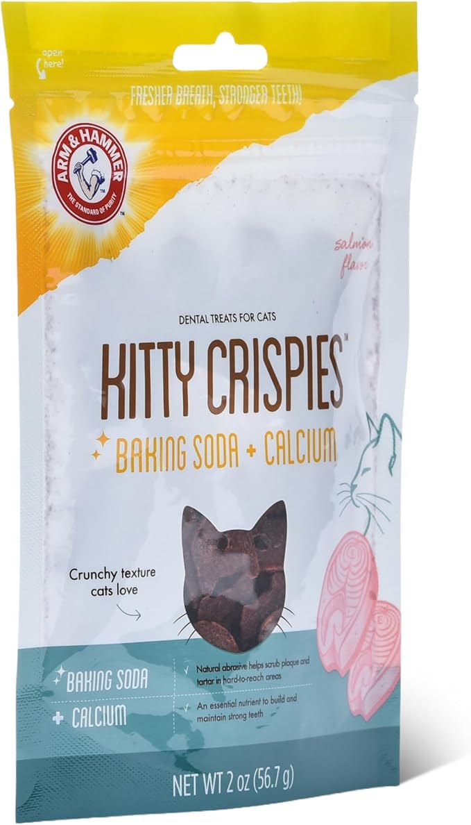 Arm & Hammer Kitty Crispies Dental Cat Treats, Baking Soda & Calcium Formula, Fights Bad Breath, Plaque & Tartar Without Brushing, Highly Digestible, Salmon Flavor, Adult Cats, 2 Oz