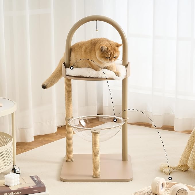 Modern Cat Tree, Wood Cat Tower with Steel Frame, Scratching Posts, Cat Capsule, Plush Mat, Bell Dangling Toy, Aesthetic Minimalist Heavy-Duty Cat Climbing Tree for Large Indoor Adult Cats-Khaki
