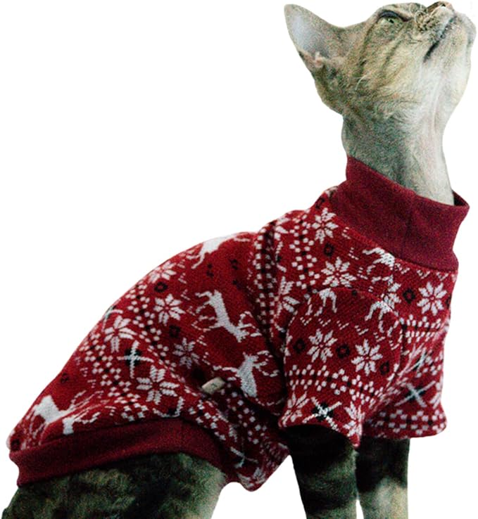 Cat Festive Sweater Pullover, Classic Soft Warm Christmas Clothes for Hairless Sphynx, Devon & All Indoor Kittens (Red,3XL)