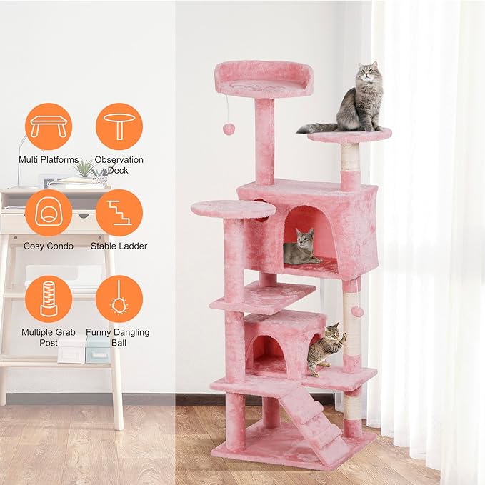 54in Cat Tree for Indoor Cats Multi-Level Condo Tower Bed Furniture Kitten Play House with Scratching Posts, Pink