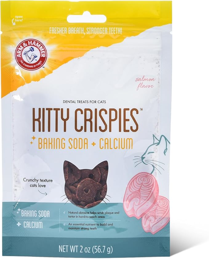Arm & Hammer Kitty Crispies Dental Cat Treats, Baking Soda & Calcium Formula, Fights Bad Breath, Plaque & Tartar Without Brushing, Highly Digestible, Salmon Flavor, Adult Cats, 2 Oz