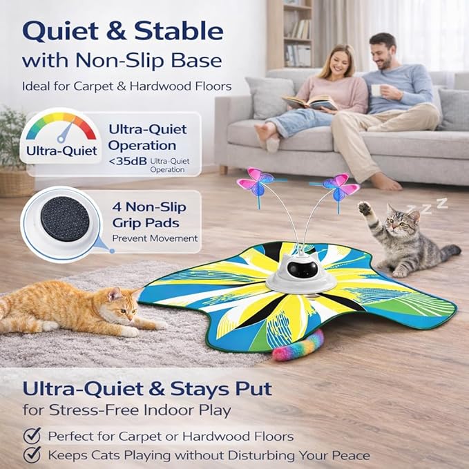 Interactive Cat Toy for Indoor Cats, Rechargeable 3-in-1 Hide and Seek Cat Toy with Spinning Butterfly & Plush Tail, Touch Activated Self Play Electric Cat Exercise Toy for Adult Cats & Kittens