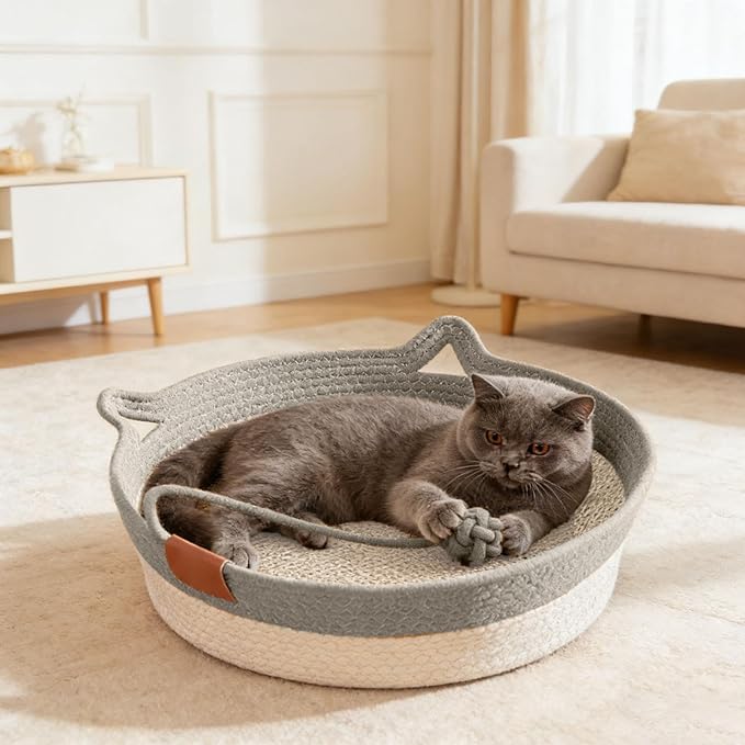 Instinct Basket for Cats - Handwoven Cotton Rope Enrichment Bed with Attached Toy Tail, Scratchable Interactive Pet Nest Features Flexible Walls to Fight Boredom & Protect Furniture (Gray)