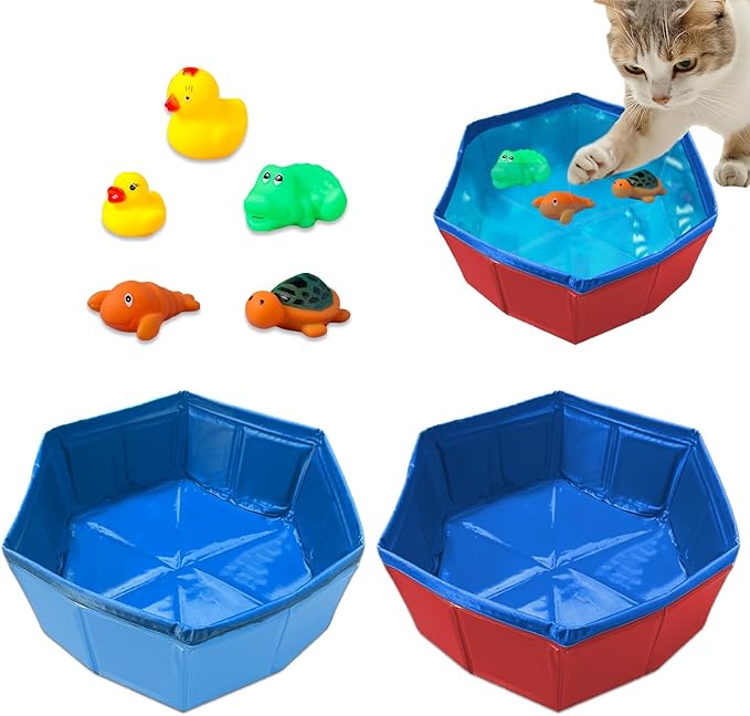 2 pcs Cat Pool Toys with 5 pcs Swimming Toys, VEINARDYL Foldable PVC Cat Splash Play Pool Water Mat Funny Interactive Cats Fish Toy Swimming Pool for Indoor Bored Cats to Self Play