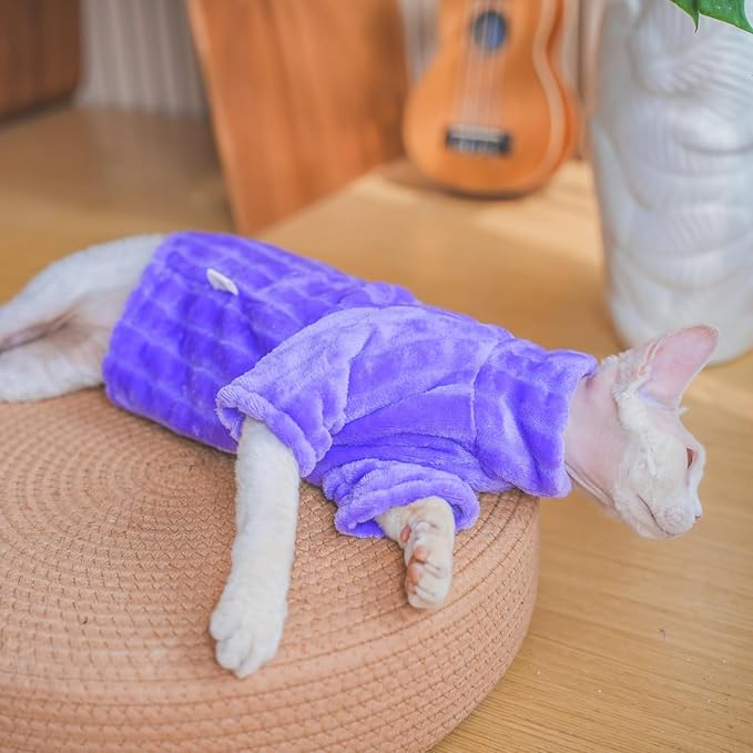 Turtleneck Sweater for Sphynx Cat Soft Coral Fleece Cat Clothes Thick Winter Warm Outfit Coat for Hairless Cats and Small Dogs Apparel with Sleeves (Purple, XL (9-13 lbs))