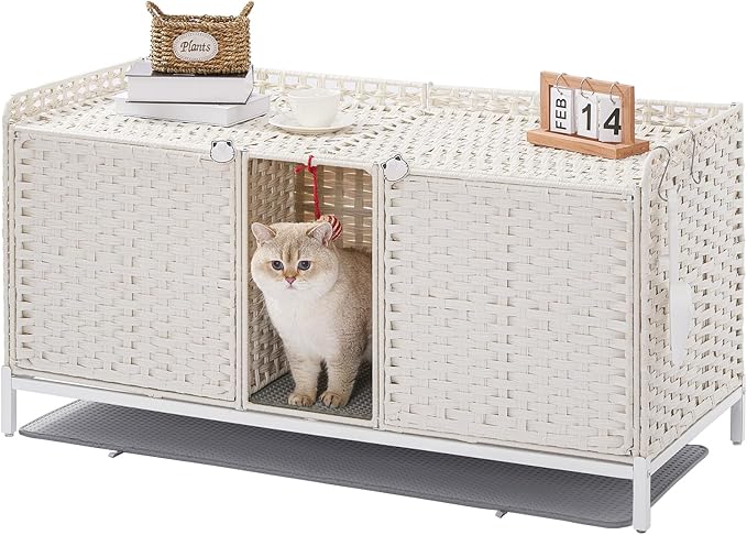 SETVSON Cat Litter Box Enclosure for 2 Cats, Hidden Litter Box Furniture with Mat, Large Rattan Cat House with Double Room and Door, 47.3 L x 19.7 W x 24 H, 2 S-Shaped Hooks for Living Room White