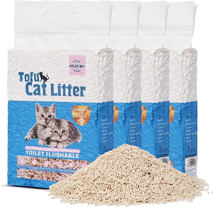 Tofu Cat Litter22.4LB(5.6LB*4bags) Fast Clumping, Dust-Free,Really Natural Raw Materials, Flushable,Ultra Absorbent and Fast Drying,Solubility in Water,Less Scattering