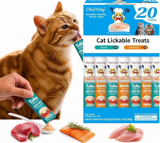 Cat Treats Lickable | Grain-Free Tuna & Salmon Cat Treats | Creamy Puree Squeeze Ups with Vitamin E & Taurine, Digestible Formula | 0.5 oz. Each Tube, Seafood Mix Variety | 20 Tubes