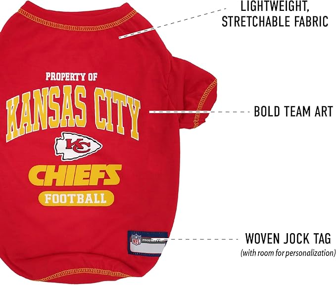 NFL Kansas City Chiefs Dog T-shirt X-Small. - Licensed Shirt for Pets Team Colored with Team Logos- Premium Stretchable Materials for the comfort of your Dog & Cat