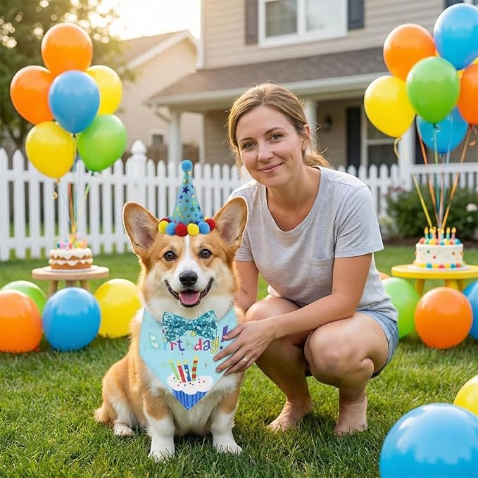 Pet Birthday Party Set with Hat and Bandana for Dogs and Cats with Star Pattern Design, Adjustable Sequin Bow tie Accessories, Blue Birthday Boy Scarf (Blue)