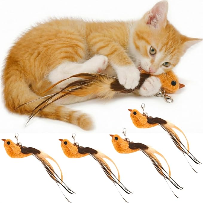 miwoowim 4 Bird Cat Wand Toy Refill for Indoor Cats, Interactive Birds Simulation Set,Door Hanging Feather Cat Toys String Wand Replacement Attachments