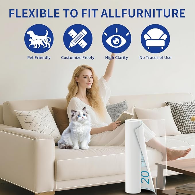Anti Cat Scratch Furniture Protector, Thickened Cat Scratch Guards for Couches, Tables & More, 196.8" x 11.8" Transparent Self-Adhesive Couch Protector Against Cats Claws