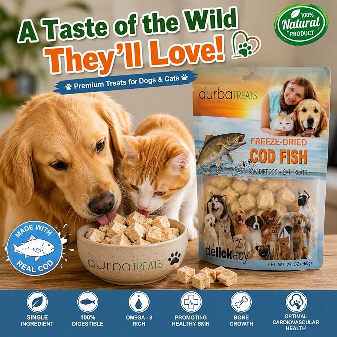 Freeze-Dried Cod Fish Dog & Cat Treats Single-Ingredient, Low-Calorie, Easily Digestible Snacks for All Life Stages & Pets with Food Sensitivities, Promote Healthy Skin/Coat (2 Ounce, COD Fish)