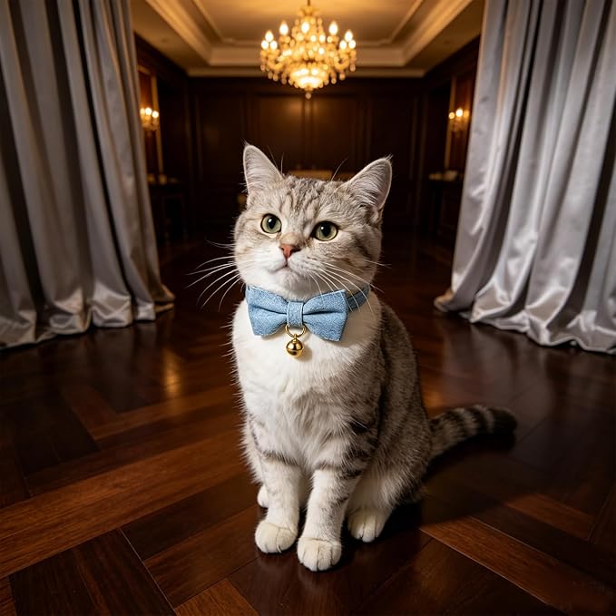 2 Pack Cat Collars with Removable Bow Tie and Bell, Adjustable Denim Kitten Collar, Breakaway Safe Pet Collar for Cats, Puppies.(Adult Cat,Denim Blue)