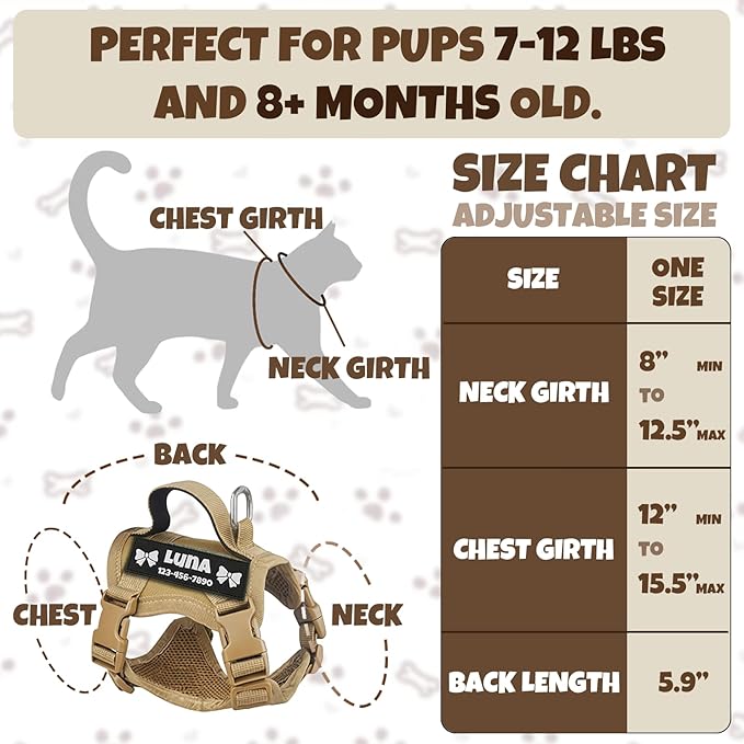 Custom Khaki Tactical Cat Harness and Leash Escape Proof Adjustable Vest with Reflective Strips and Personalized Patch Soft Breathable Outdoor Gear for Walking Training Fits Cats 7-12 lbs