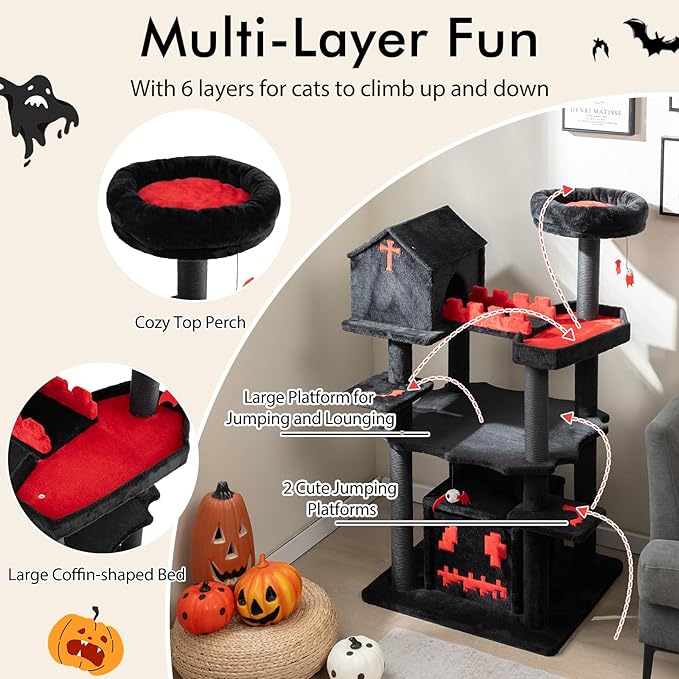 Tangkula Gothic Cat Tree, 49 Inch Black Cat Tower with Coffin Bed, 2 Condos, Scratching Posts, Bat Pompom Balls, Perch, Halloween Pet Furniture, Spooky Goth Cat Tree for Indoor Cats