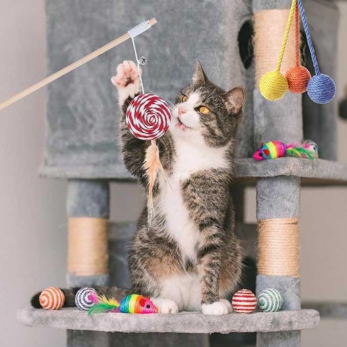 Leitee 20 Pcs Cat Interactive Toys Set Wooden Cats Teaser Wand Toy with Feather Handle Chew Rope Mouse Sisal Balls with Bells for Indoor Kitten Play Chase Exercise (Mice Toy)