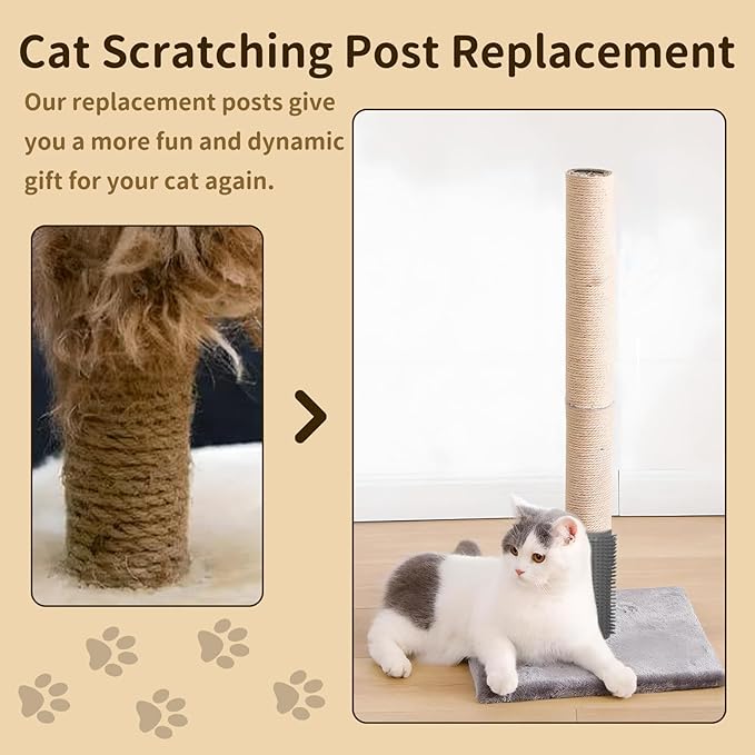 Fhiny 2PCS Cat Scratching Post Replacement, 15.7inch M8 Natural Sisal Cat Scratch Post with Cat Self Groomer Refill Pole Parts Kitten Climbing Furniture Protector Hemp Rope Scratcher for Spare White