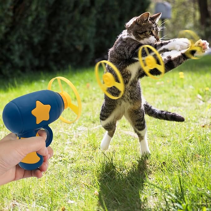 Andiker Cat Fetch Toy, Interactive Kitten Flying Disc Launcher Toy with 5 Colorful Flying Propellers for Cat Enrichment, Flying Saucer Toy for Cats for Training and Chasing (Navy Blue)