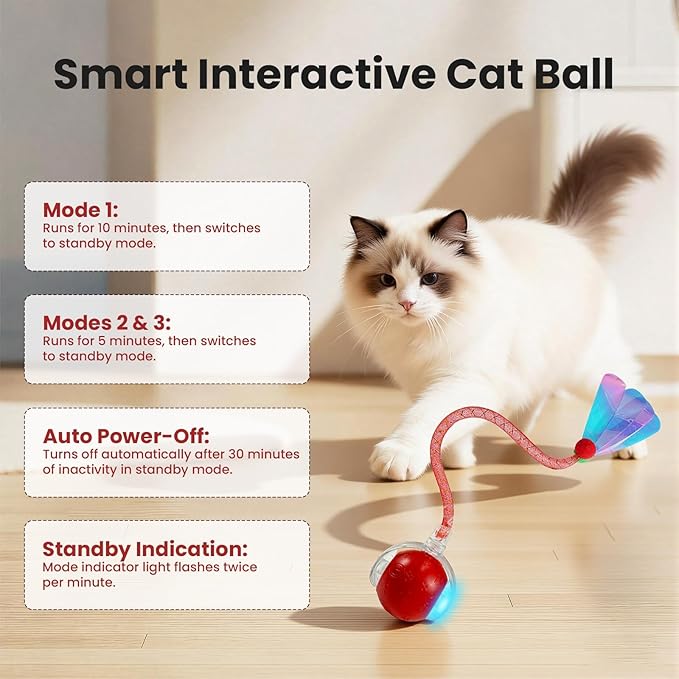 Rocfish Cat Toys, Cat Toys for Indoor Cats, Cat Toys Interactive, 360° Rotating Automatic Interactive Cat Ball, Smart Activation, LED Light, Type-C Rechargeable, 3 Replaceable Dragonfly Tails (Red)