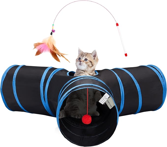 Tempcore Cat Tunnel for Indoor Cats, 3-Way Collapsible Play Tunnel with Teaser Wand, Peek Holes & Toy Ball, Small Pet Toy for Kittens & Rabbits, Black & Royal Blue