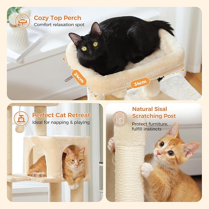 MUTTROS Cat Tree for Indoor Cats, 44.5" Multi-Level Cat Tower with Large Metal Frame Hammock, Cat Condo with 2 Scratching Posts and Top Perch for Small to Medium Cats, Beige