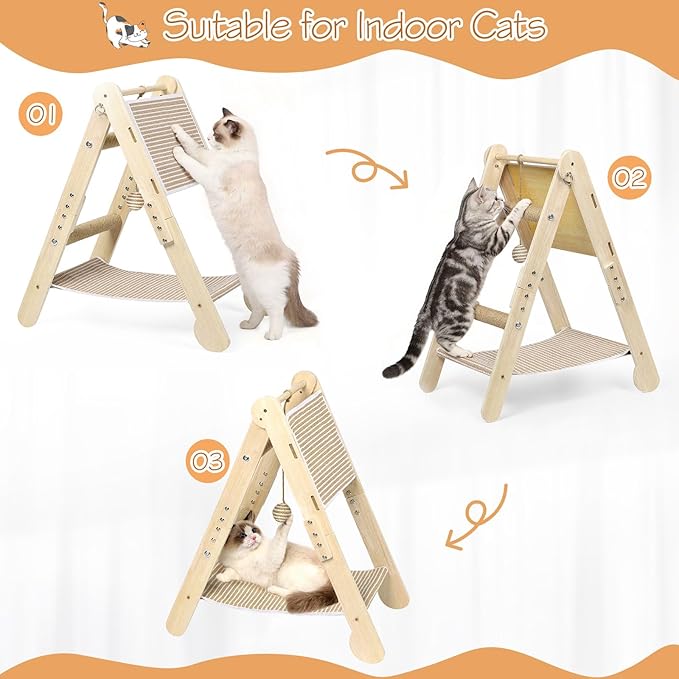 4 In1 Cat Scratching Post Triangular Cat Scratcher for Indoor Cats Kittens, Vertical Cat Scratch Board with Jute Cat Bed, Climbing Ramp and Hanging Ball Toy, Foldable Interactive Scratchers