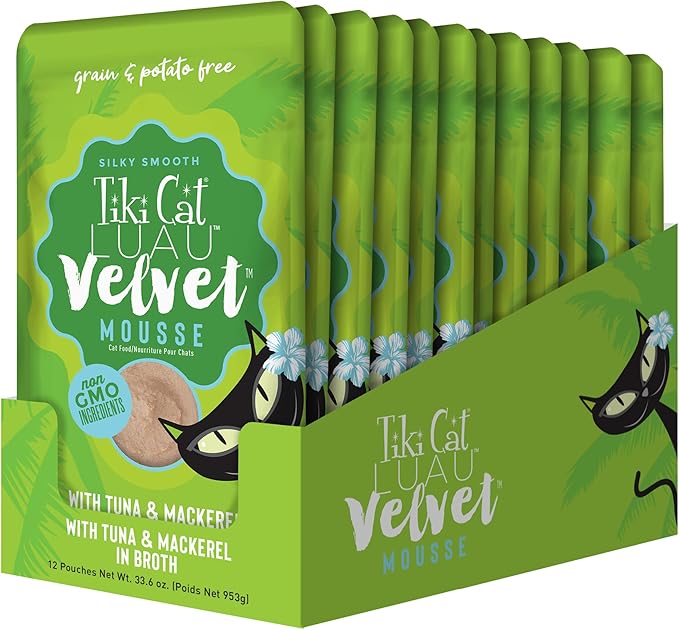 Tiki Cat Luau Velvet Mousse, Tuna & Mackerel in Broth, Complete Nutrition for Balanced Diet, Wet Cat Food For All Life Stages, 2.8 oz. Pouch (12 Count)