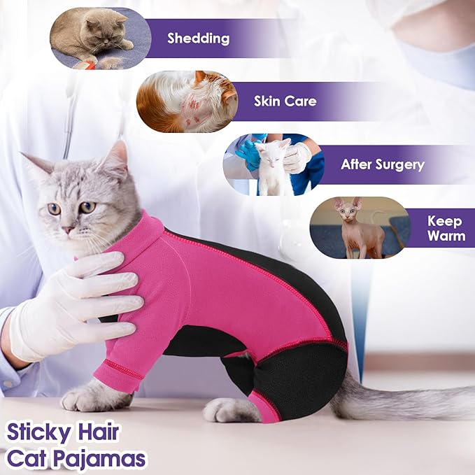 Hair Sticky Cat Clothes, Cat Sweater for Cats Only, 4-Legged Fleece Sweaters Kitten Pajamas Reduce Shedding Fur, Warm Pullover Shirts for Cats, Pink XL