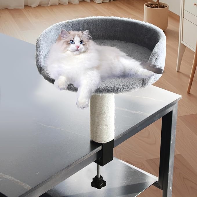 Desktop Cat Bed Round Hammock Elevated Perch for Indoor Cats Soft Stable Easy Assembly Kitten Furniture- Gray
