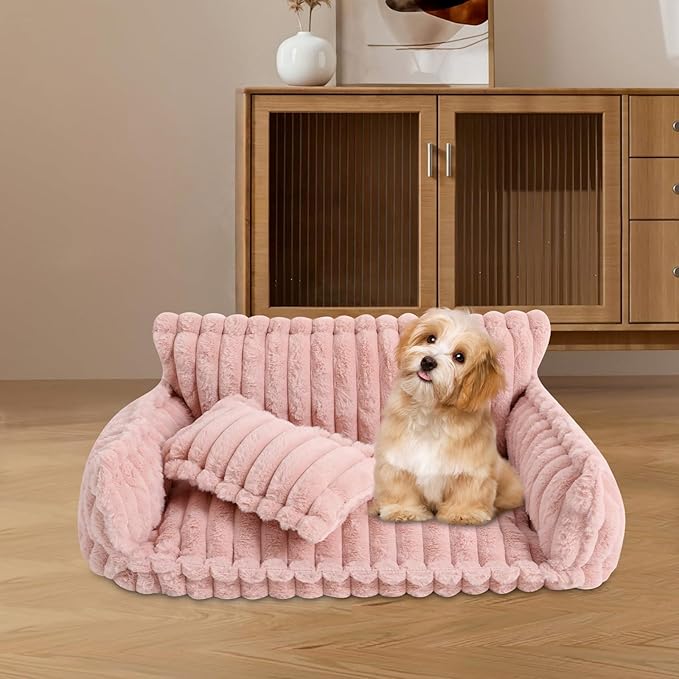 Plush Pet Couch, Soft Cat Bed with Bolster, Comfortable Pet Sofa for Indoor Lounging, Washable Cover, Large Size, Perfect for Medium to Large Breeds (Pink)