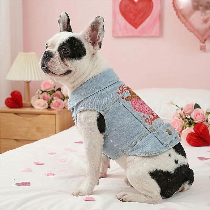 Valentine Denim Dog Jacket for Small Dogs Cats, Cute Cowboy Heart Embroidered Pet Vest with D-Ring for Leash, Lightweight Puppy Outfit for Daily Wear & Holidays(S)