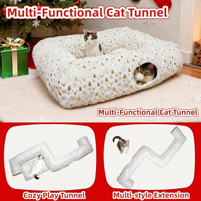 Extra Large Cat Tunnel Bed for Indoor Cats with Warm Mat, Cat Toys Cave Dount Tube for Xmas Decor White