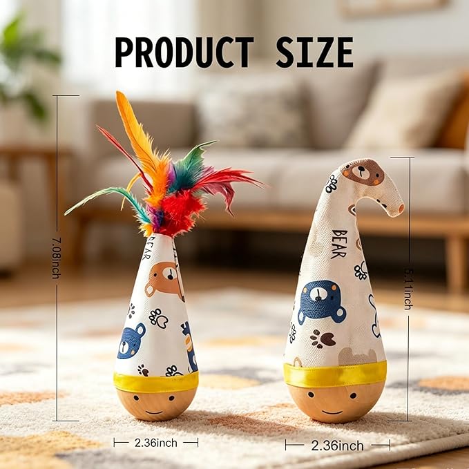 Natural Beechwood Cat Toy – Self-Righting Tumbler Wobble Toy with Colorful Feathers – No Battery, Silent Play for Indoor Cats & Small Dogs