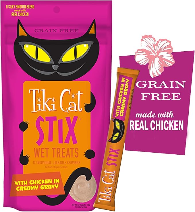 Tiki Cat Stix Wet Treats, Grain Free Lickable Silky Smooth Blend in Creamy Gravy - Chicken, Salmon and Duck with 10ct Pet Wipes