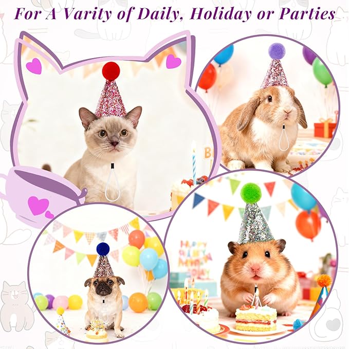 10Pcs Small Dog Party Hats with Sequins, Cats Adjustable Holiday Hats, Puppy Paper Hats for Birthday, Mini Party Hats for Stuffed Animals, Glitter Birthday Party Hats with Pom Poms for Pets