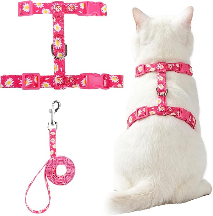 PUPTECK Adjustable Cat Harness and Leash Set Escape Proof Kitten Strap Collar for Walking Travel, Daisy Pattern