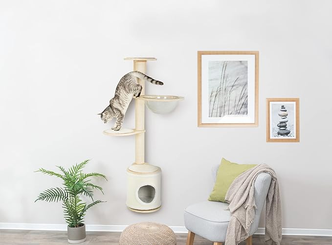 Trixie Mateo Wall Mounted Cat Tree – Jute & Plush Wall System with Hammock, Condo & Platforms – Compact Cat Furniture for Indoor Cats – Natural/White, 25.59" x 21.65" x 54.33"