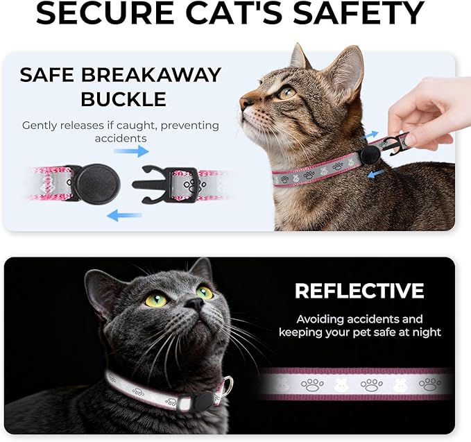 Cat Collar Breakaway, Reflective Kitten Collar with Bell, Safety Buckle Kitten Collar, Lightweight, Adjustable, Comfortable, Suitable for Boy Girl Cats (7"-13") Hotpink