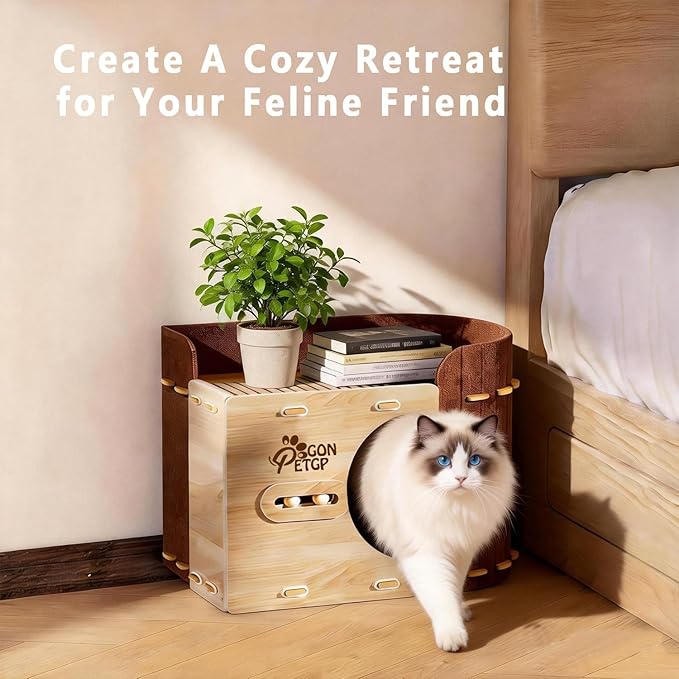GONPETGP Cat Beds for Indoor Cats, Cat House Cave with Wooden Play Ball Scratch Pad, Detachable Felt Cat Condo Hideaway for Multiple Small Pets and Kittens