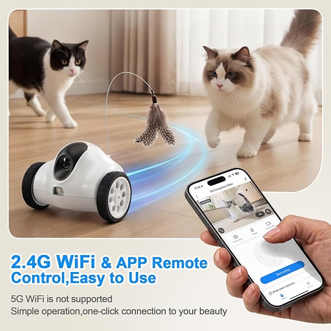 Pet Camera Indoor with Phone App, Robot Camera on Wheels, Cat and Dog Camera with Interactive Feather Toy, 2-Way Talk, Video Recording - Indoor Security & Companion
